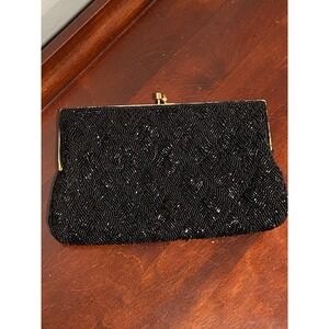 Vintage Black Hand Beaded 8 x 5" Clutch Purse Gold Box Chain Strap and Accents